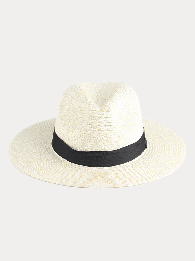 Wide Brim Sun Protection Woven Straw Fedora Hat - White