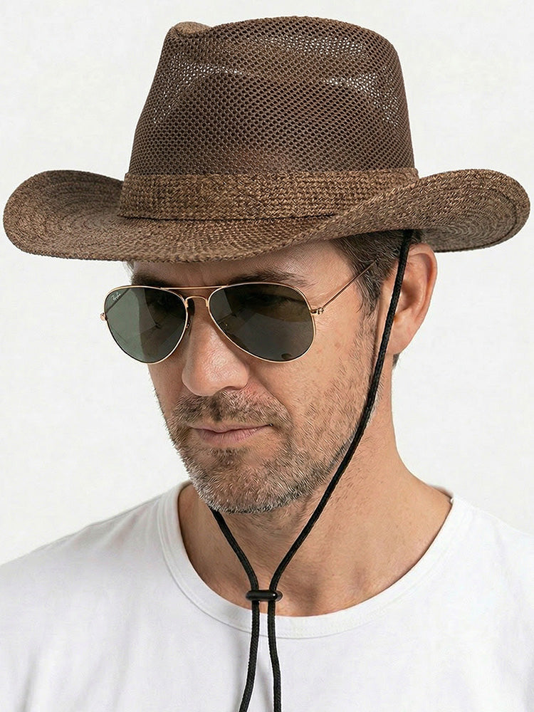 Wide Brim Straw Beach Fedora Hat - Brown