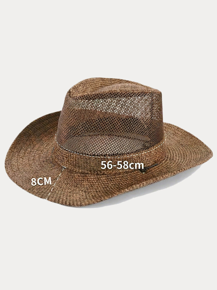 Wide Brim Straw Beach Fedora Hat - Brown