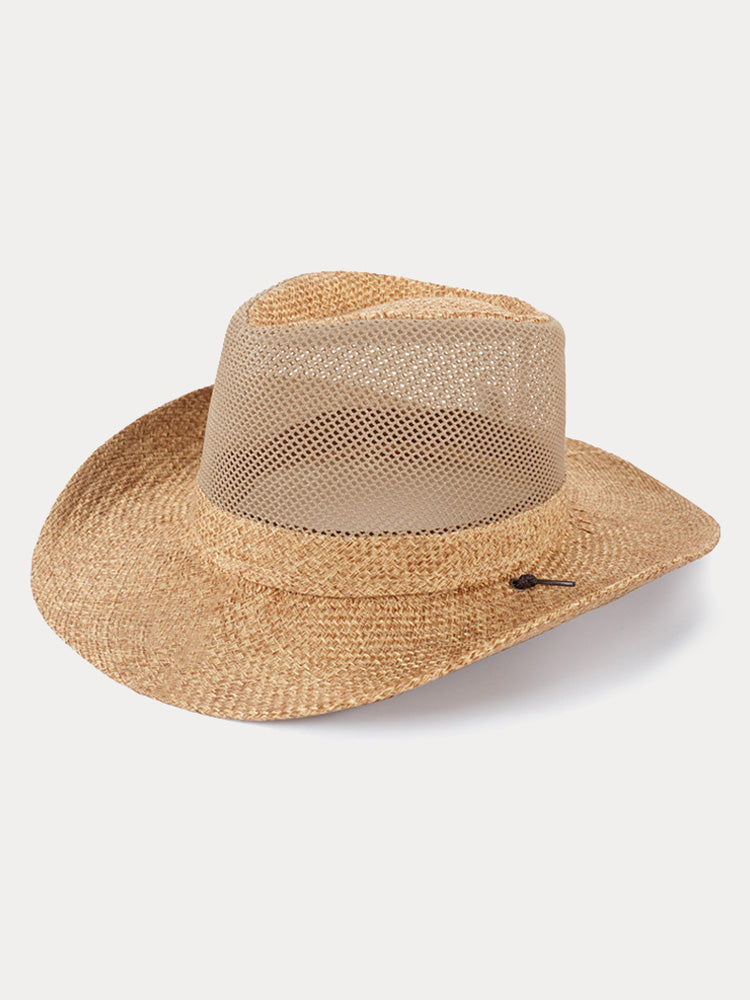 Wide Brim Straw Beach Fedora Hat - Khaki