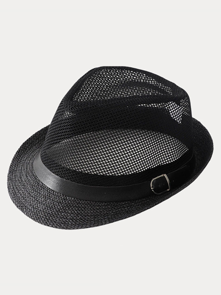 Hollow Weave Panama Fedora with Belt Buckle - Black