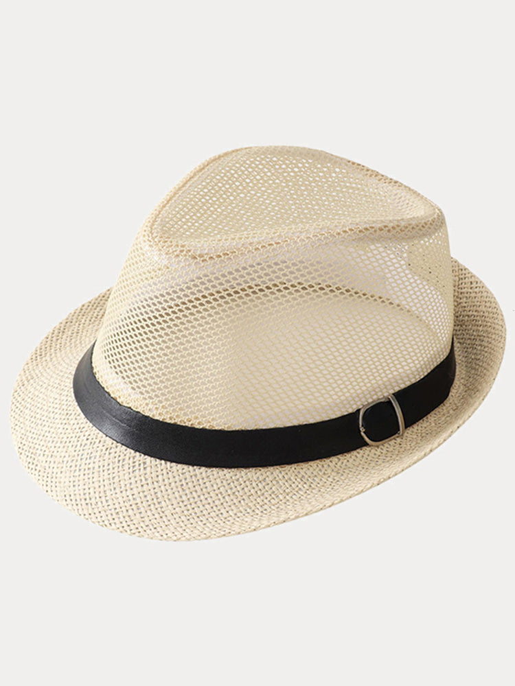 Hollow Weave Panama Fedora with Belt Buckle - Beige
