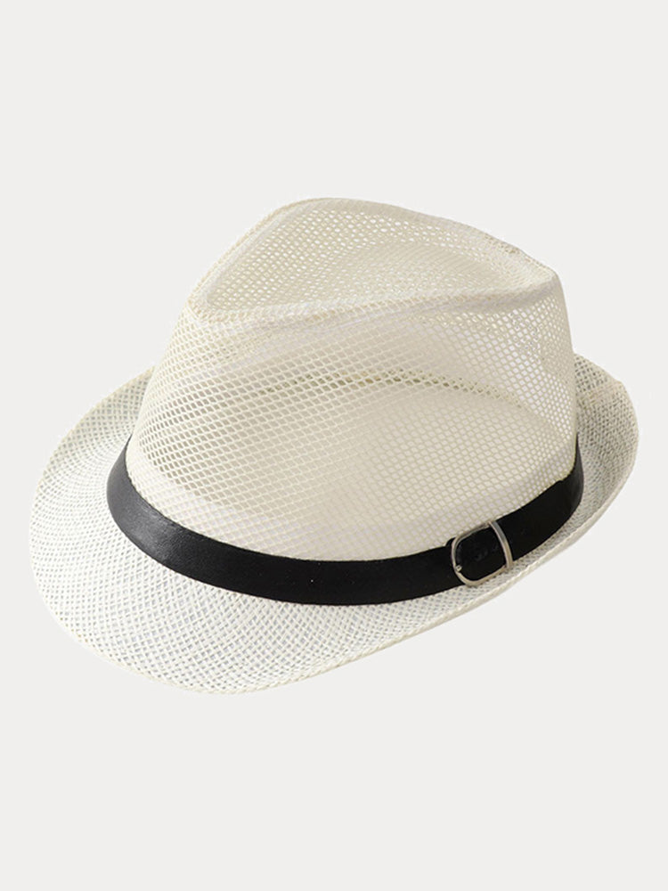 Hollow Weave Panama Fedora with Belt Buckle - Cream White