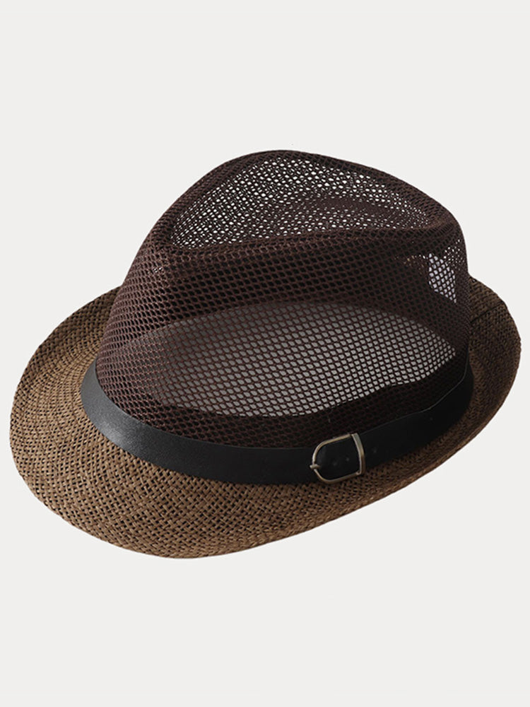 Hollow Weave Panama Fedora with Belt Buckle - Coffee