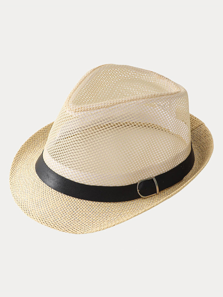 Hollow Weave Panama Fedora with Belt Buckle - Creamy Yellow