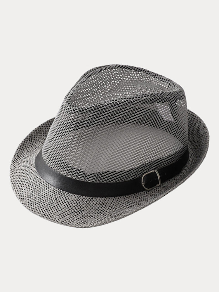 Hollow Weave Panama Fedora with Belt Buckle - Grey