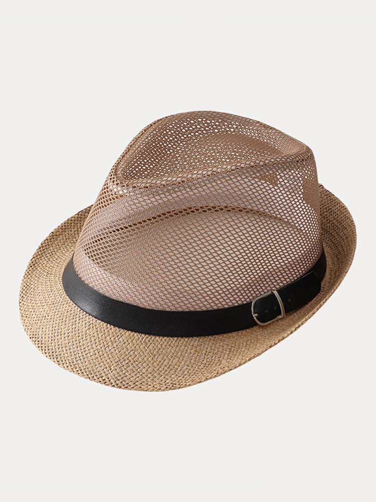 Hollow Weave Panama Fedora with Belt Buckle - Khaki