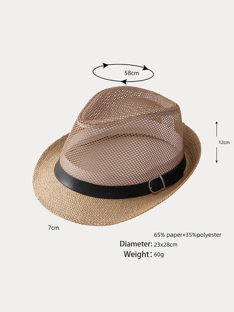 Hollow Weave Panama Fedora with Belt Buckle - Khaki