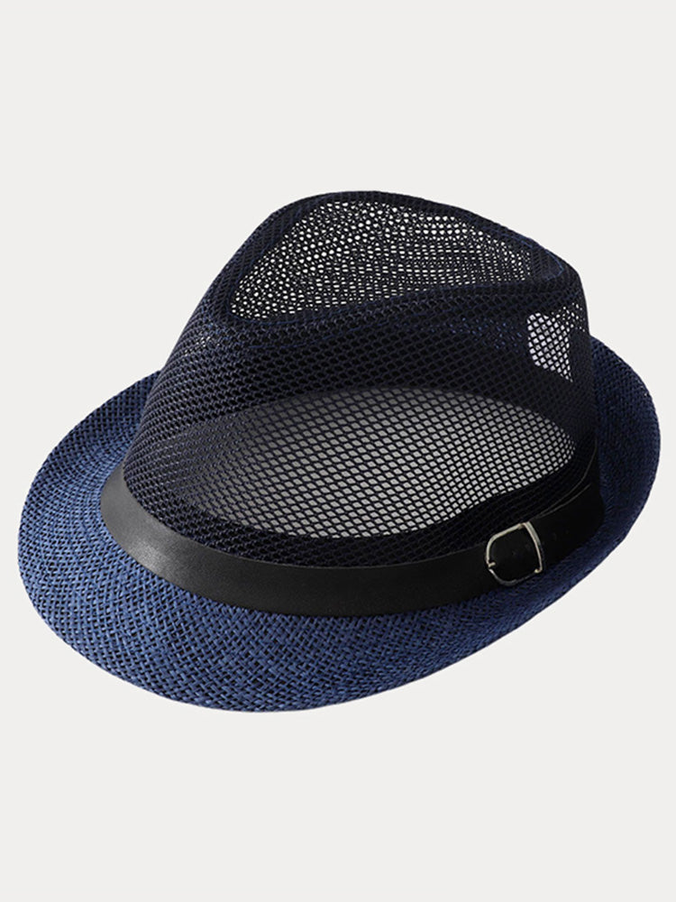 Hollow Weave Panama Fedora with Belt Buckle - Navy Blue