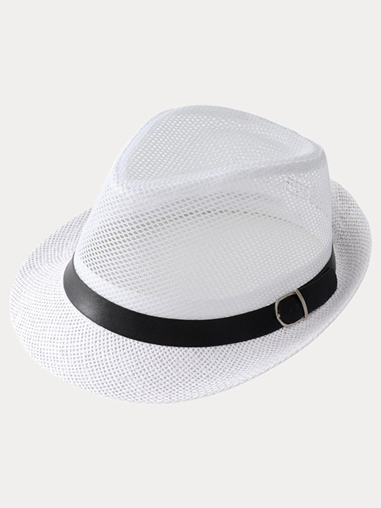 Hollow Weave Panama Fedora with Belt Buckle - White