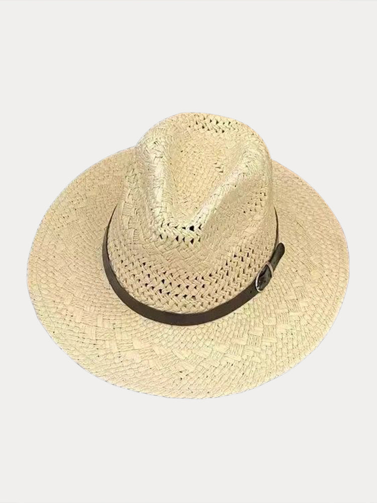 Classic Wide Brim Woven Straw Fedora Hat - Beige