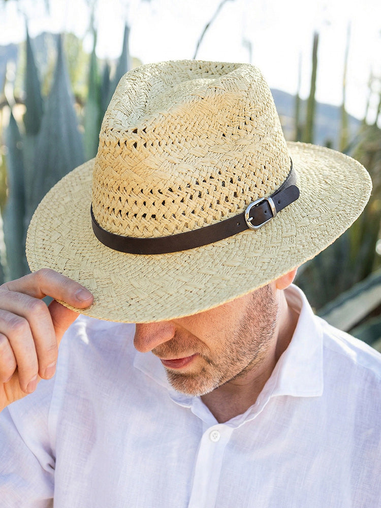 Classic Wide Brim Woven Straw Fedora Hat - Beige