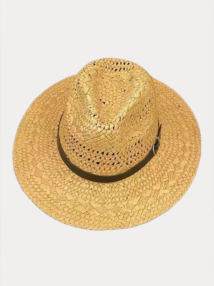 Classic Wide Brim Woven Straw Fedora Hat - Khaki