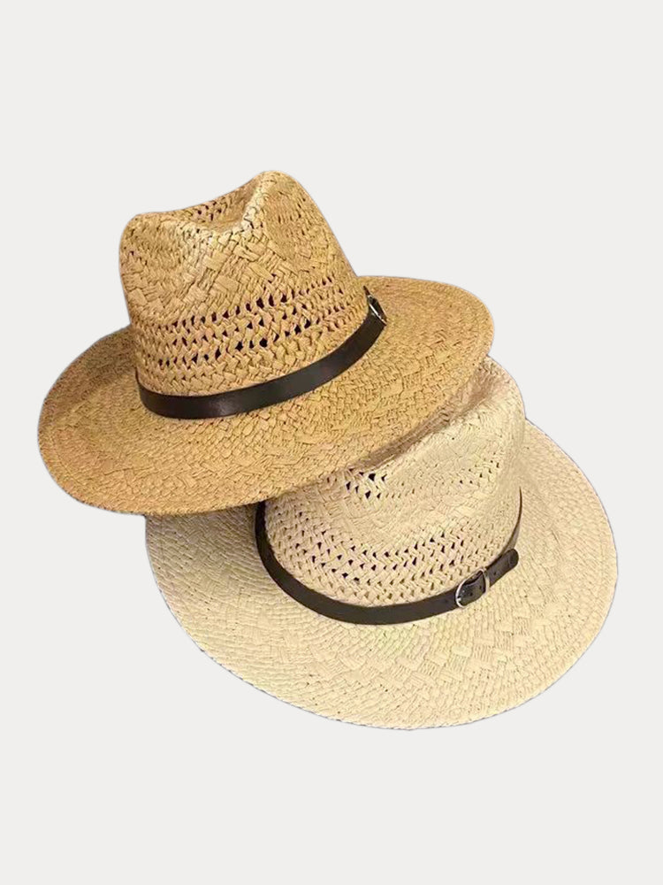 Classic Wide Brim Woven Straw Fedora Hat - Khaki