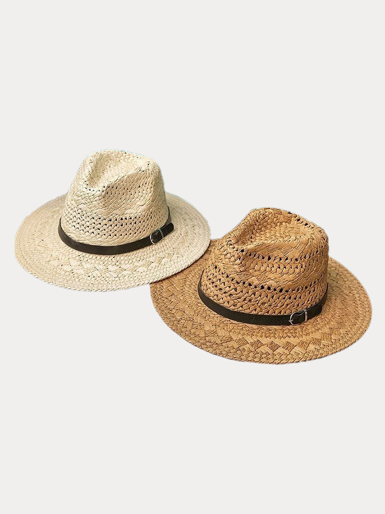 Classic Wide Brim Woven Straw Fedora Hat - Khaki