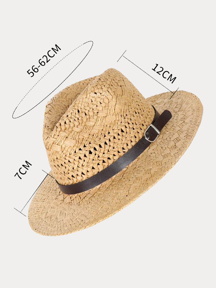 Classic Wide Brim Woven Straw Fedora Hat - Khaki