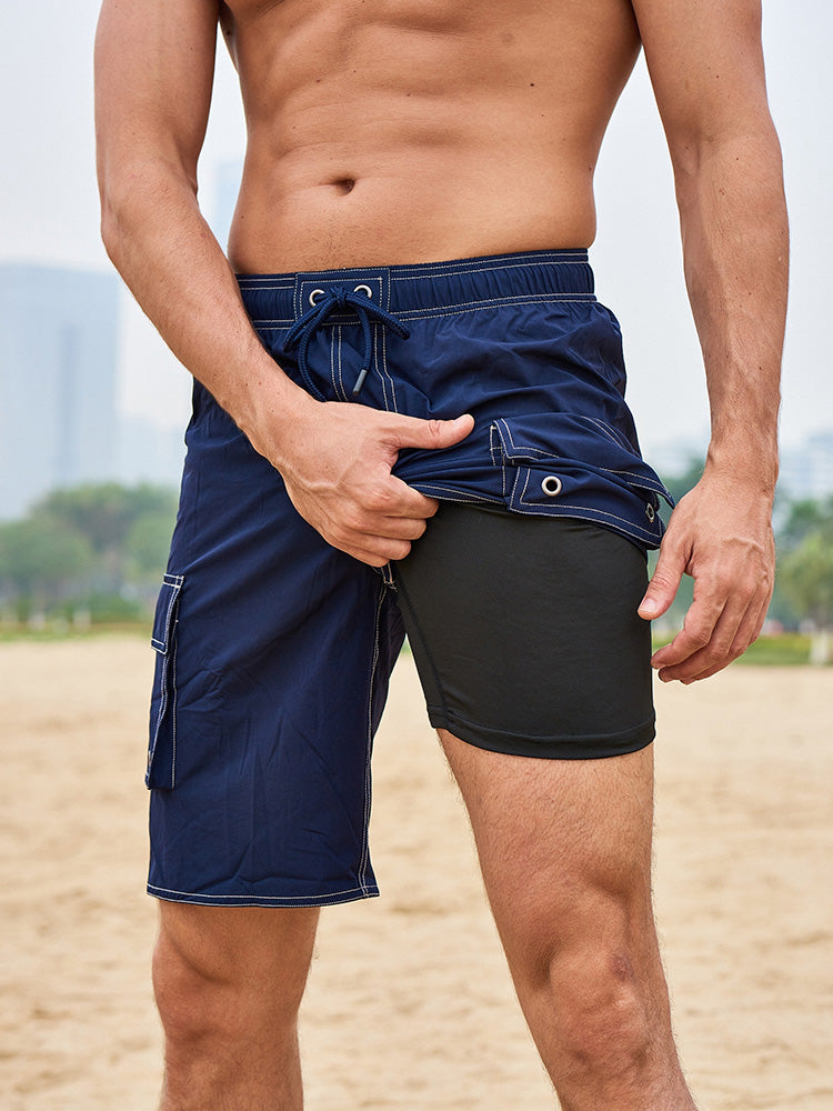Men's Summer Solid Side-Stripe Boardshorts - Navy Blue