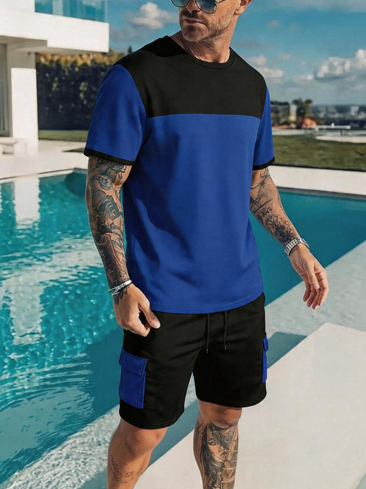 Casual Sporty Colorblock T-Shirt and Shorts Set - Blue