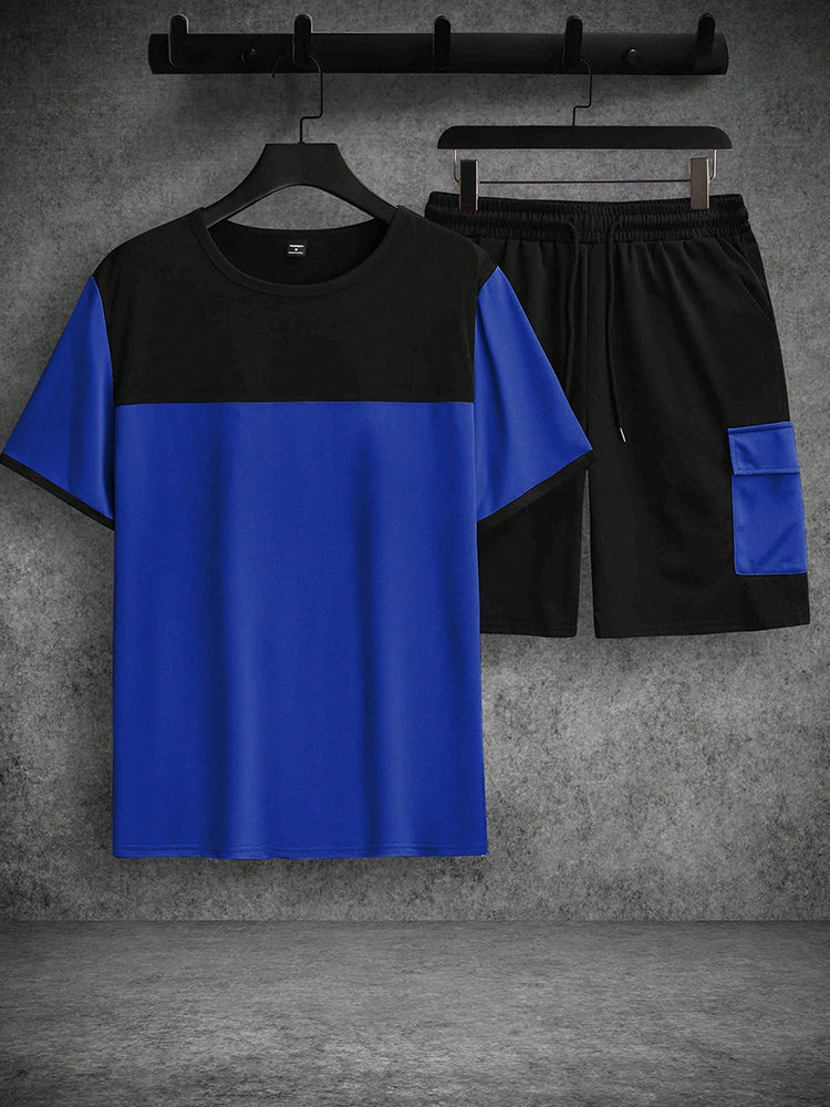 Casual Sporty Colorblock T-Shirt and Shorts Set - Blue