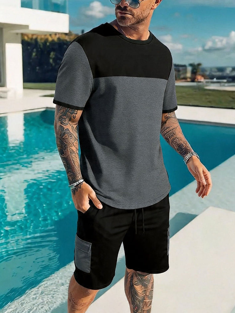 Casual Sporty Colorblock T-Shirt and Shorts Set - Gray