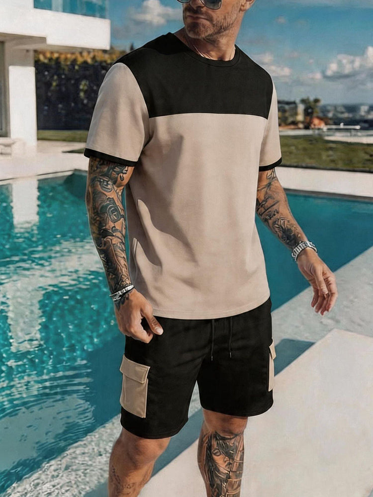 Casual Sporty Colorblock T-Shirt and Shorts Set - Khaki