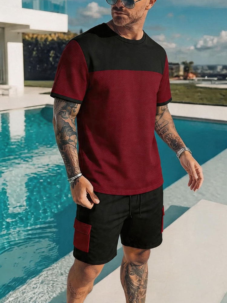 Casual Sporty Colorblock T-Shirt and Shorts Set - Red