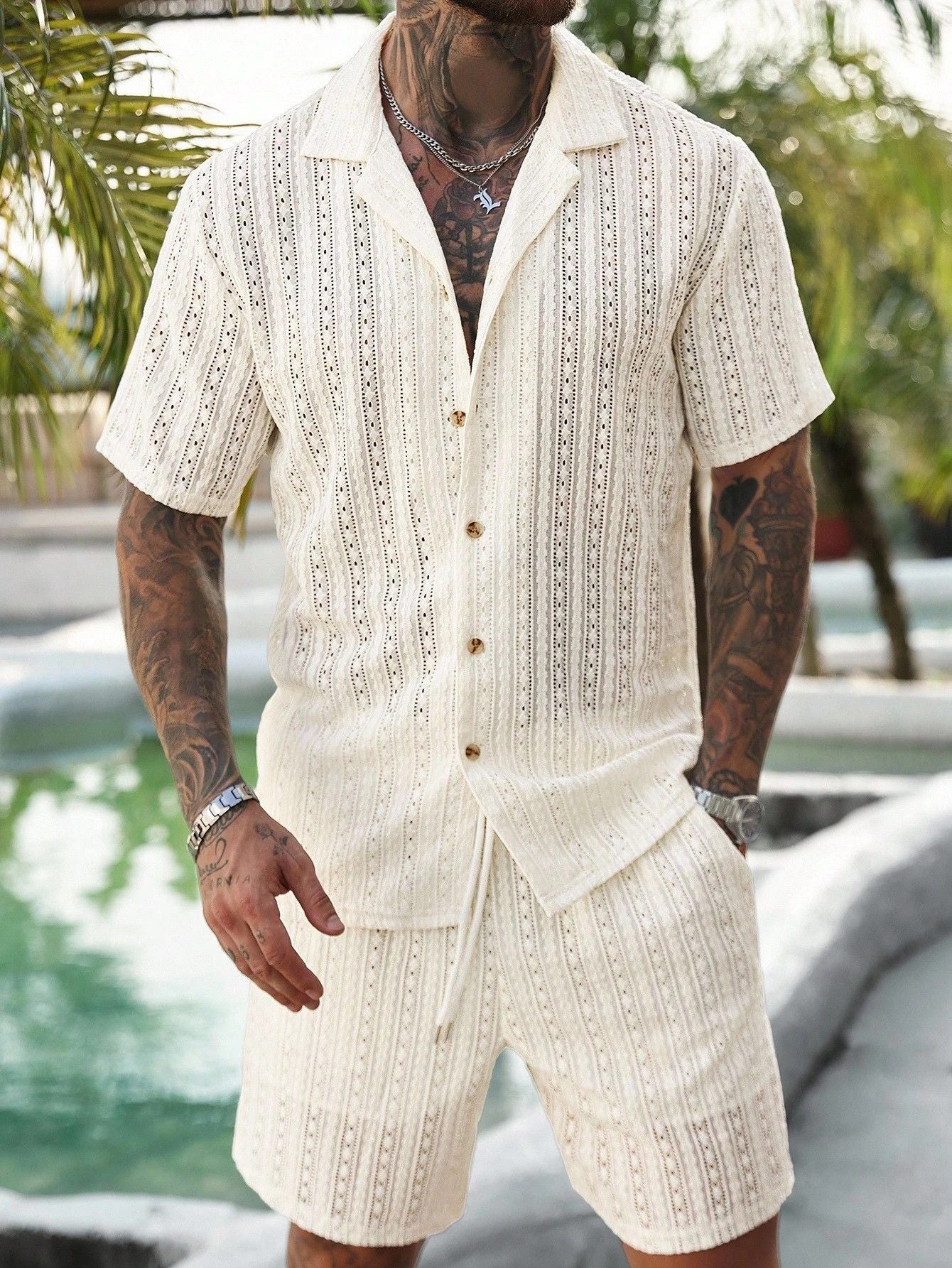 Men's Relaxed Hollow-Out Knit Resort Two-Piece Set - Apricot