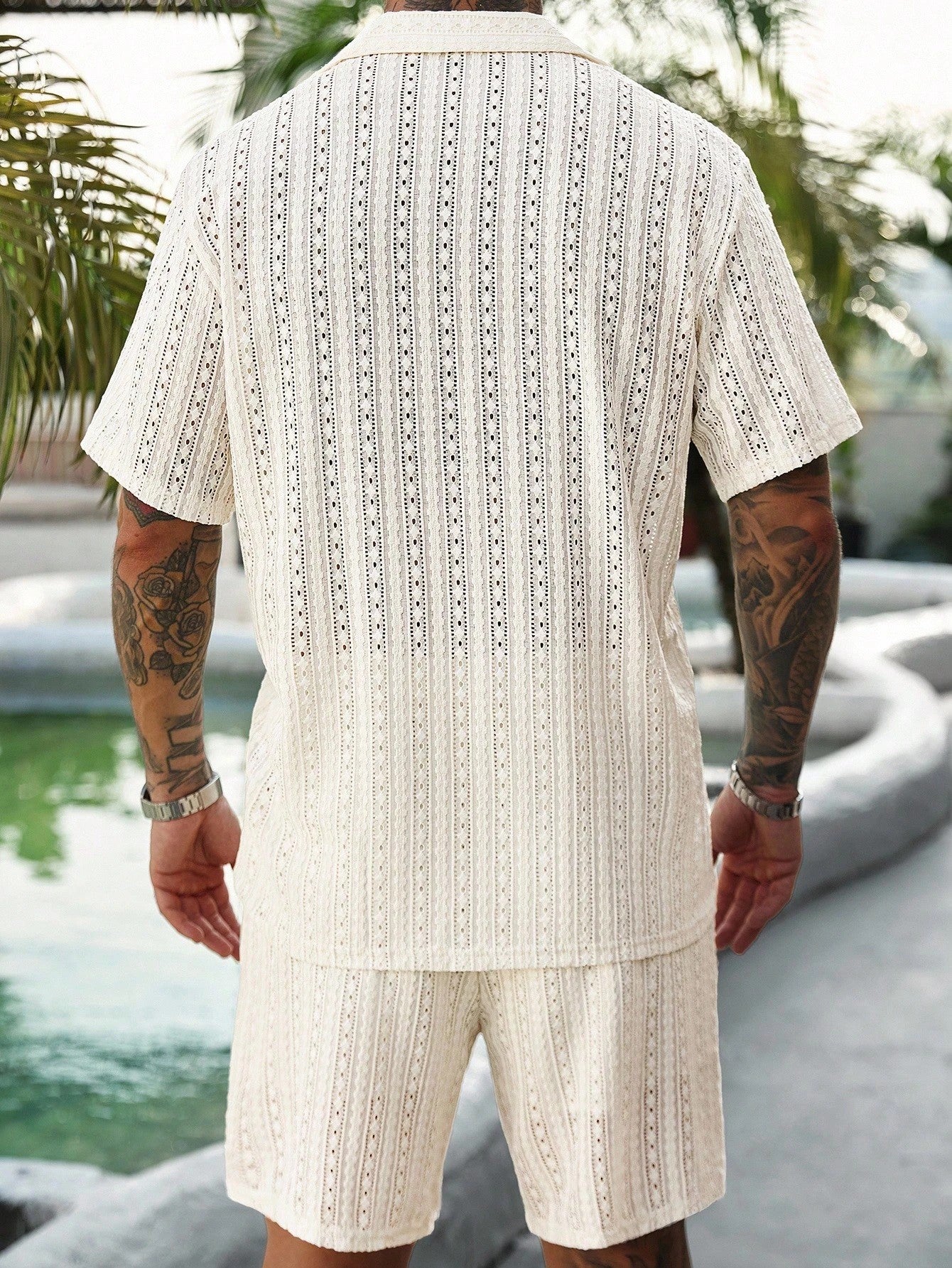 Men's Relaxed Hollow-Out Knit Resort Two-Piece Set - Apricot