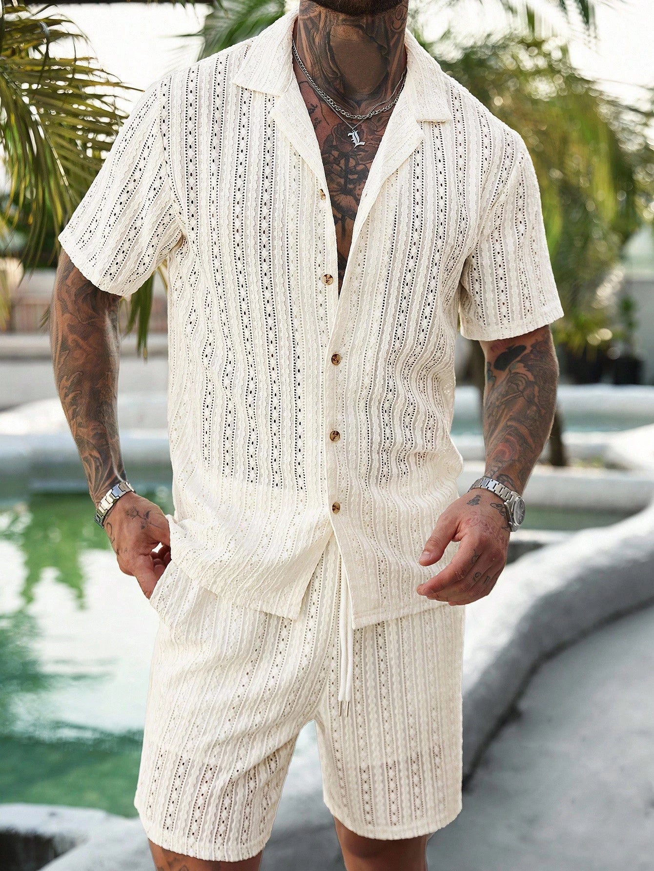 Men's Relaxed Hollow-Out Knit Resort Two-Piece Set - Apricot