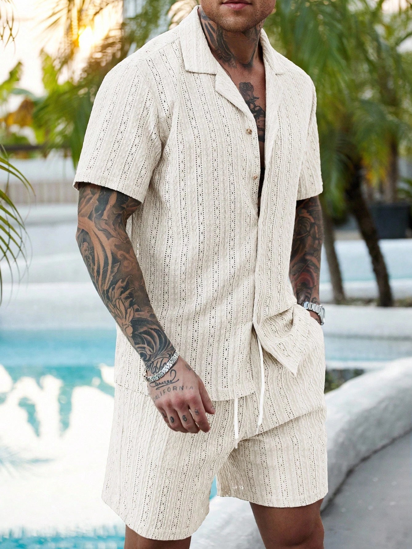 Men's Relaxed Hollow-Out Knit Resort Two-Piece Set - Apricot