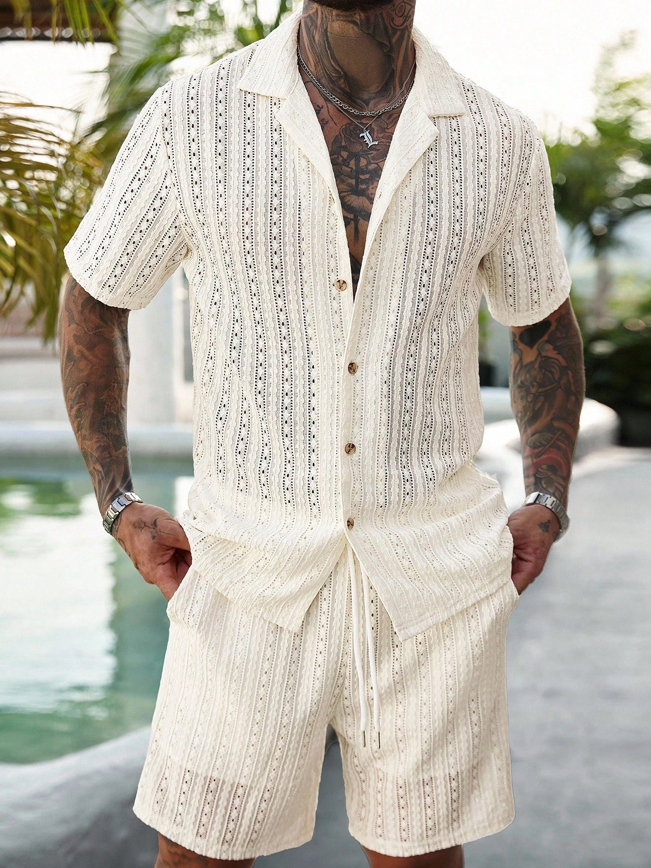 Men's Relaxed Hollow-Out Knit Resort Two-Piece Set - Apricot