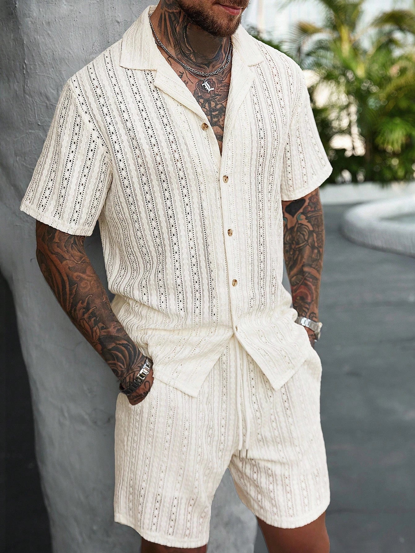 Men's Relaxed Hollow-Out Knit Resort Two-Piece Set - Apricot