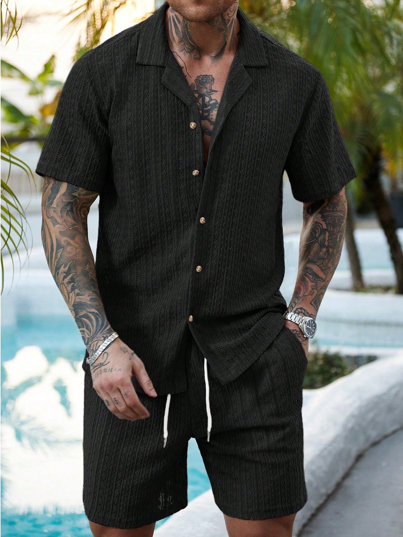 Men's Relaxed Hollow-Out Knit Resort Two-Piece Set - Black