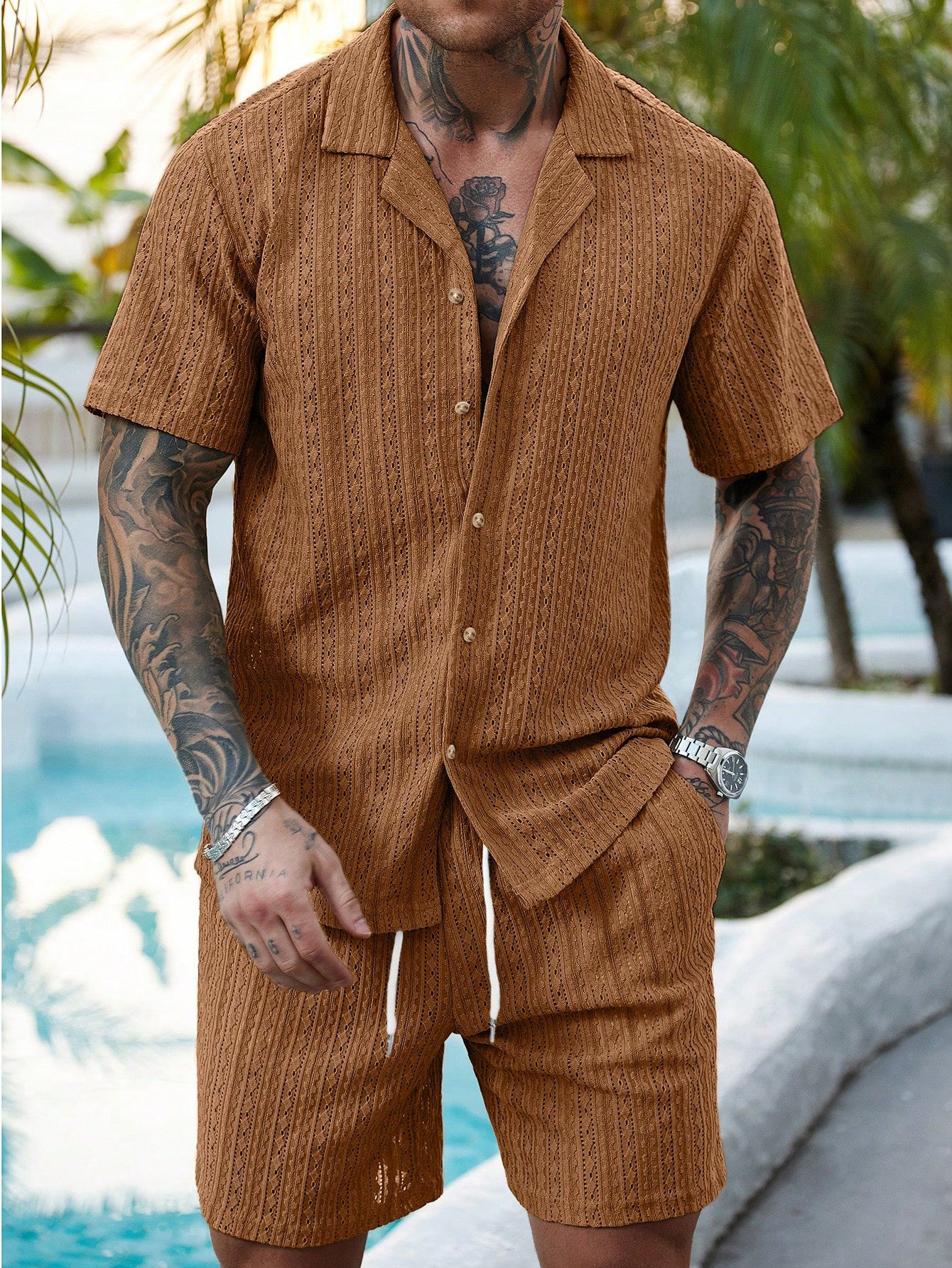 Men's Relaxed Hollow-Out Knit Resort Two-Piece Set - Brown