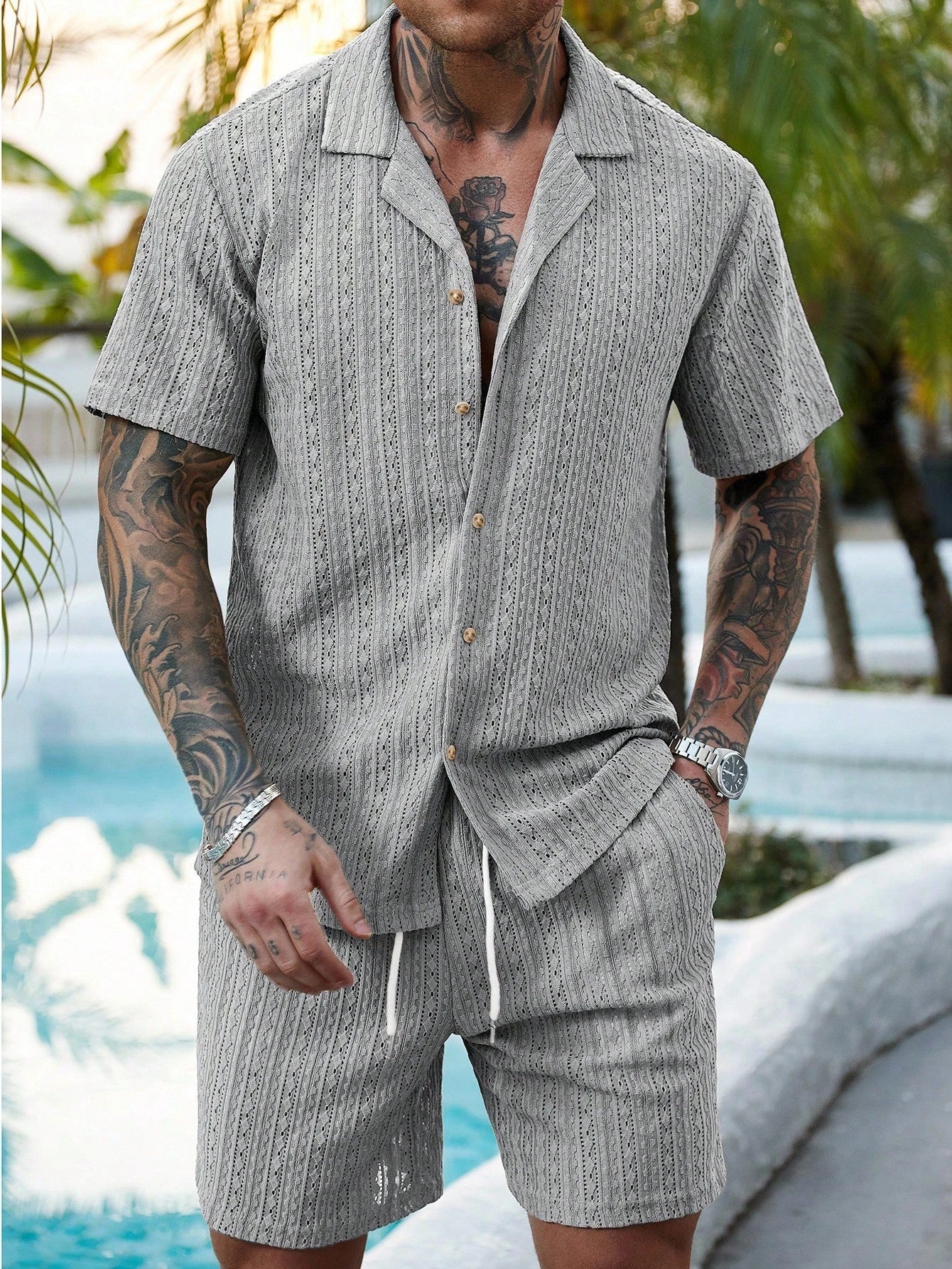 Men's Relaxed Hollow-Out Knit Resort Two-Piece Set - Grey