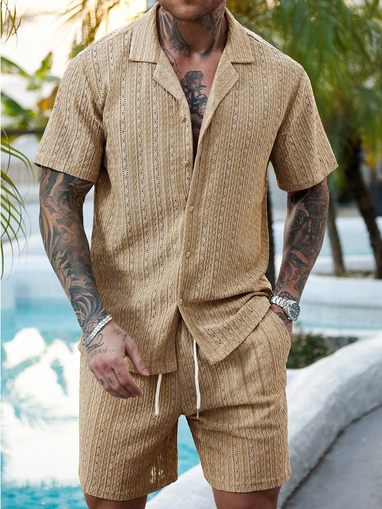 Men's Relaxed Hollow-Out Knit Resort Two-Piece Set - Khaki