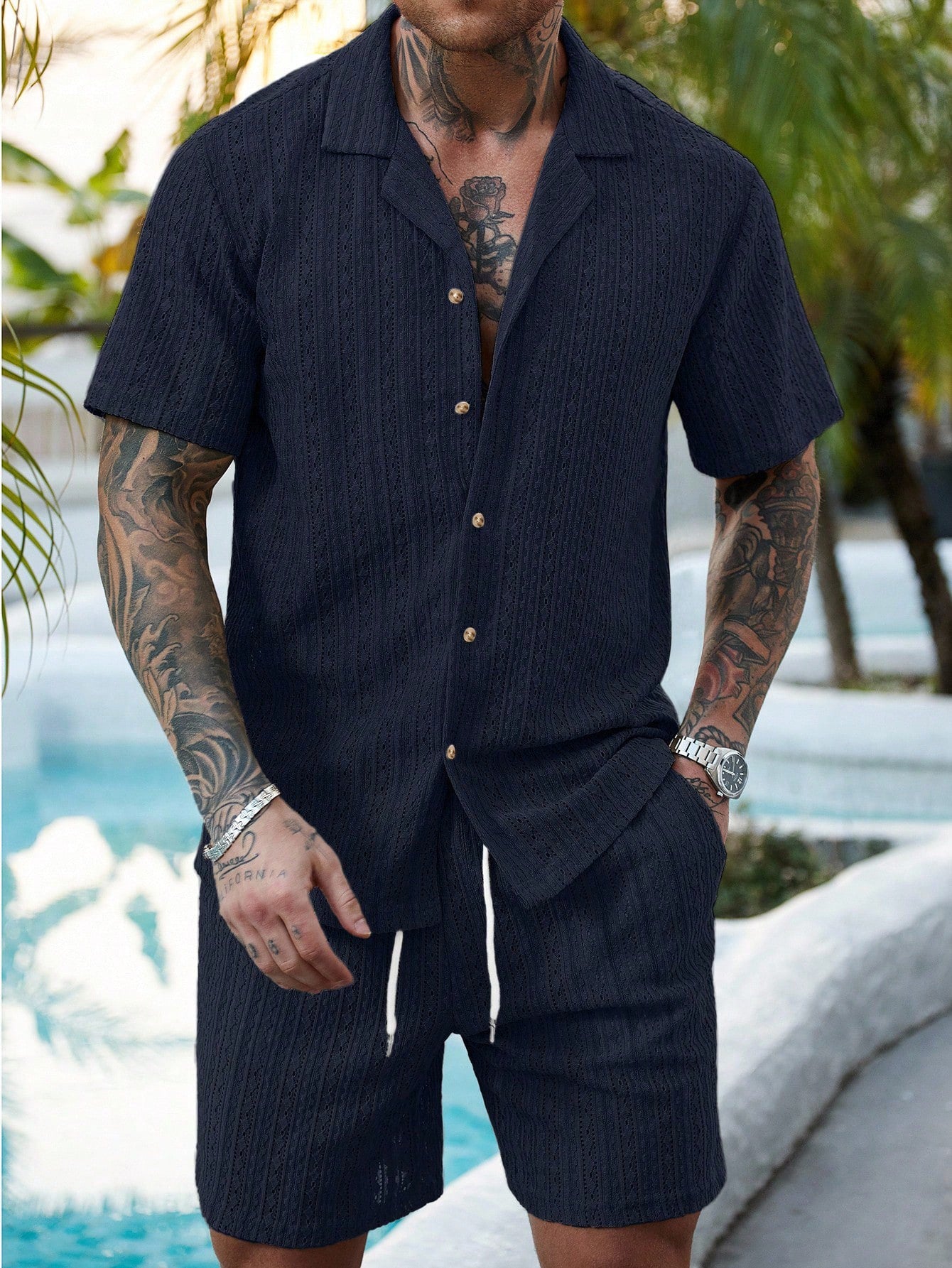 Men's Relaxed Hollow-Out Knit Resort Two-Piece Set - Navy blue