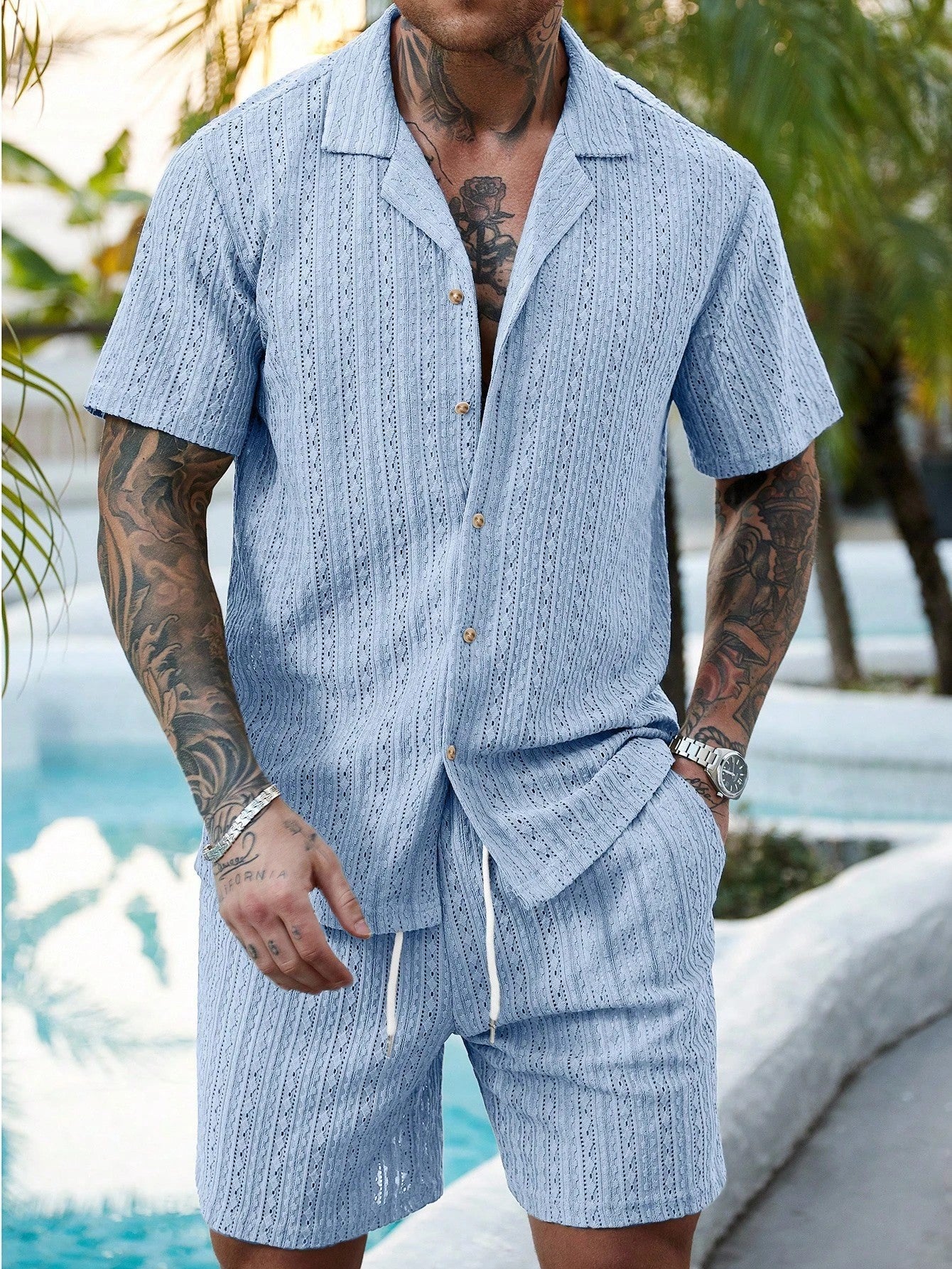 Men's Relaxed Hollow-Out Knit Resort Two-Piece Set - Clear Blue