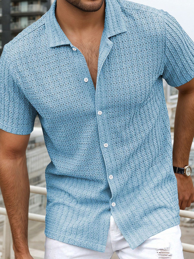 Men's Relaxed Hollow-Out Jacquard Knit Cuban Collar Shirt - Blue