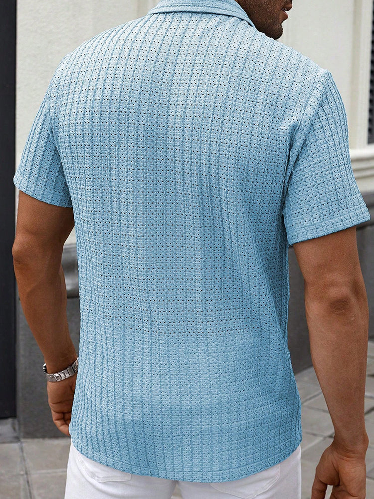 Men's Relaxed Hollow-Out Jacquard Knit Cuban Collar Shirt - Blue