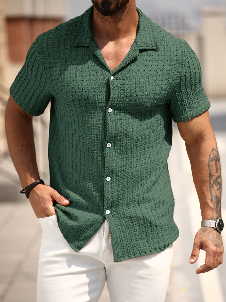 Men's Relaxed Hollow-Out Jacquard Knit Cuban Collar Shirt - Green