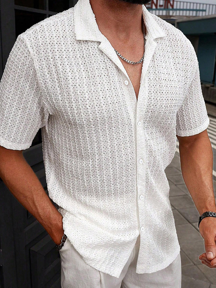 Men's Relaxed Hollow-Out Jacquard Knit Cuban Collar Shirt - White