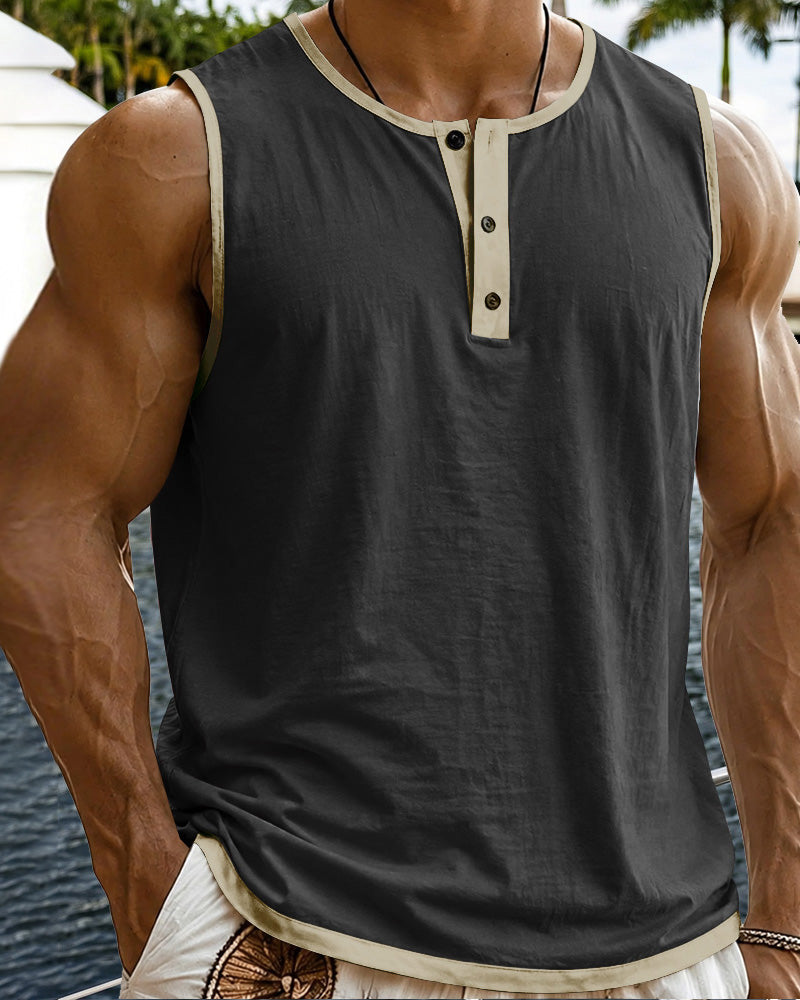 Men's Relaxed Contrast Trim Henley Sleeveless Tank Top - Black