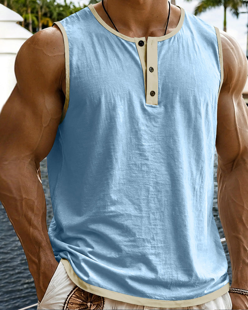 Men's Relaxed Contrast Trim Henley Sleeveless Tank Top - Light blue
