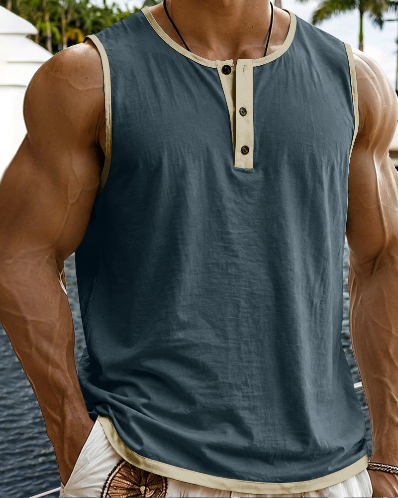 Men's Relaxed Contrast Trim Henley Sleeveless Tank Top - Dark blue
