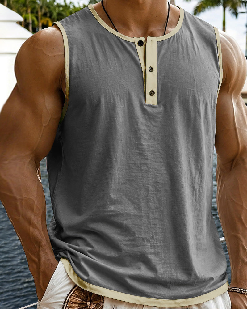 Men's Relaxed Contrast Trim Henley Sleeveless Tank Top - Gray