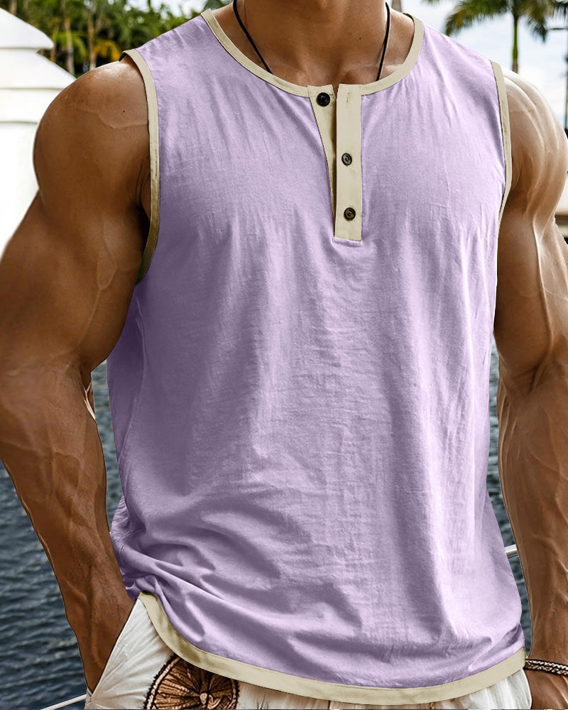 Men's Relaxed Contrast Trim Henley Sleeveless Tank Top - Light purple