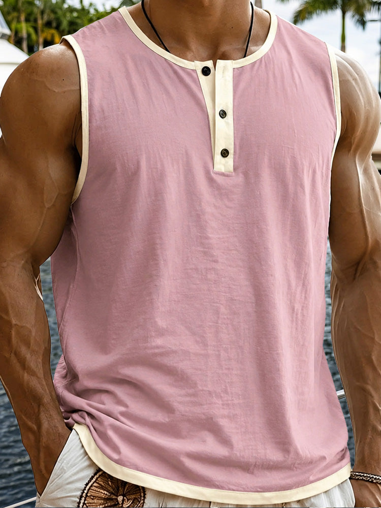Men's Relaxed Contrast Trim Henley Sleeveless Tank Top - Pink