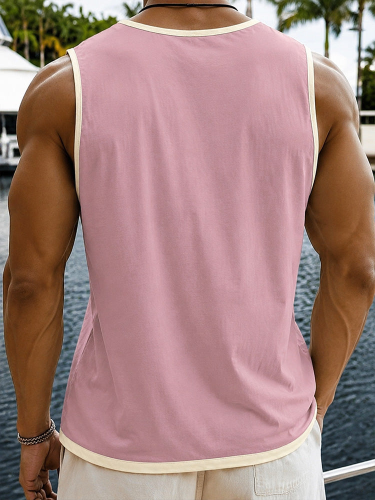 Men's Relaxed Contrast Trim Henley Sleeveless Tank Top - Pink