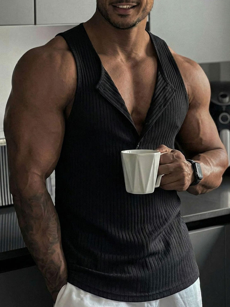 Casual Sporty Vertical Ribbed Henley Tank Top - Black